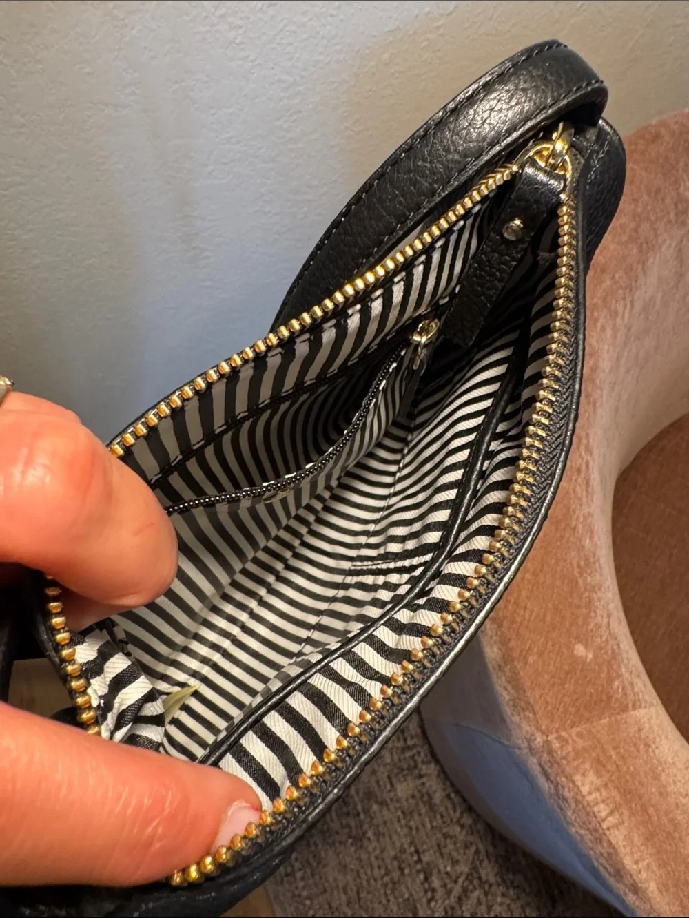 kate spade black pebbled leather crossbody with gold zippers